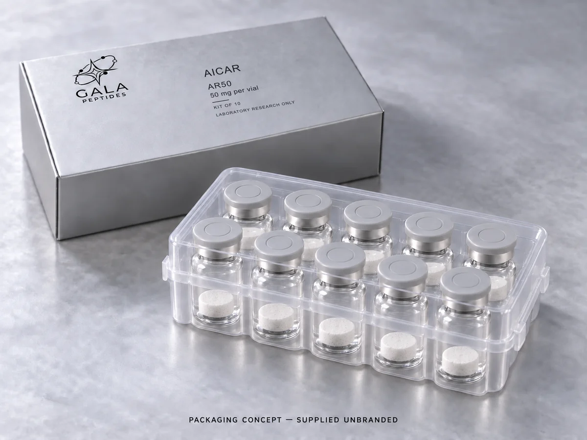 AICAR 50 mg per vial, AR50, Gala kit packaging concept with 10 unbranded vials; actual parcel supplied unbranded