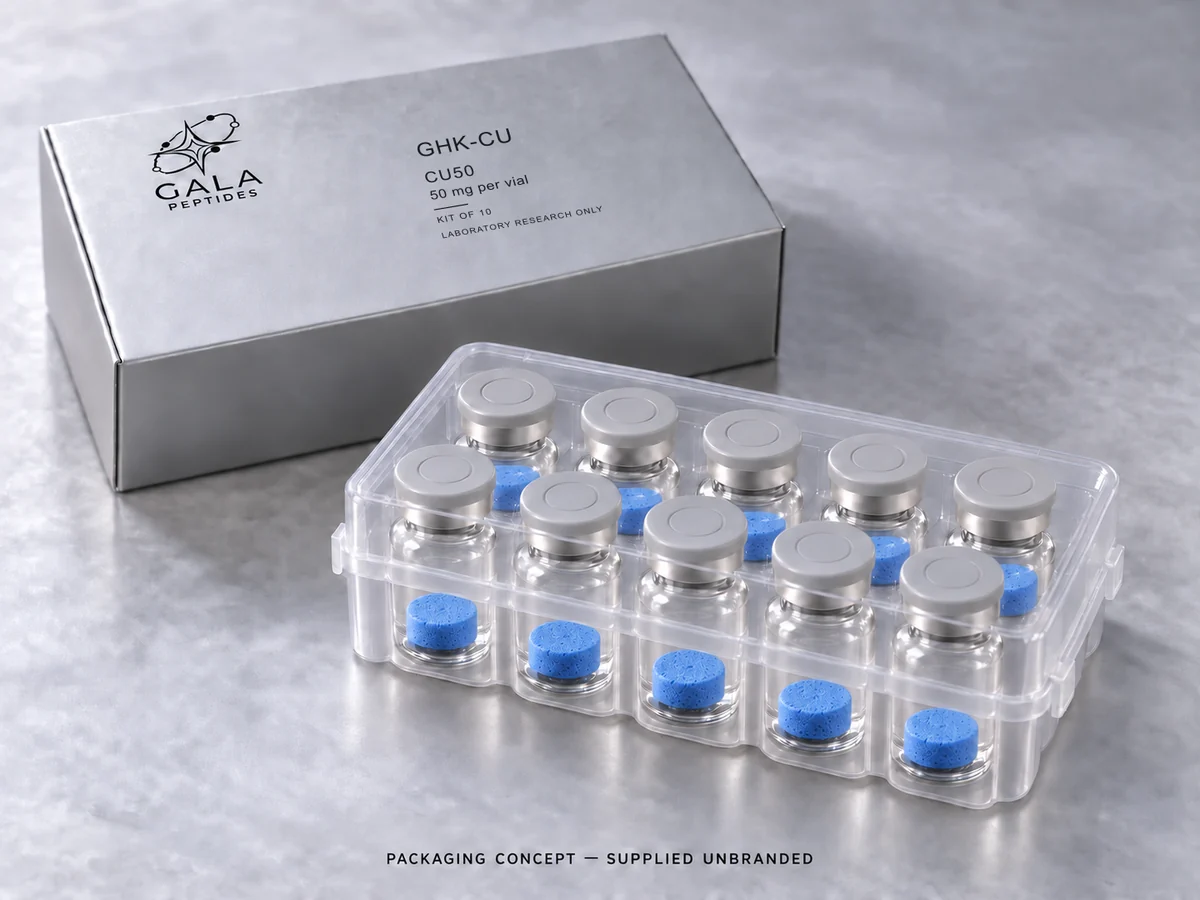 GHK-CU 50 mg per vial, CU50, Gala kit packaging concept with 10 unbranded vials; actual parcel supplied unbranded