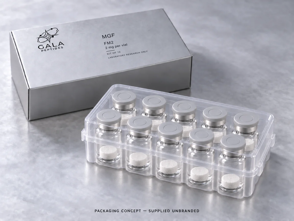 MGF 2 mg per vial, FM2, Gala kit packaging concept with 10 unbranded vials; actual parcel supplied unbranded
