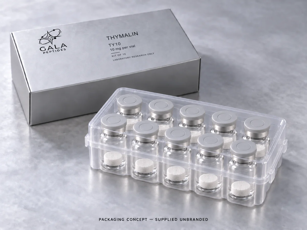 Thymalin 10 mg per vial, TY10, Gala kit packaging concept with 10 unbranded vials; actual parcel supplied unbranded